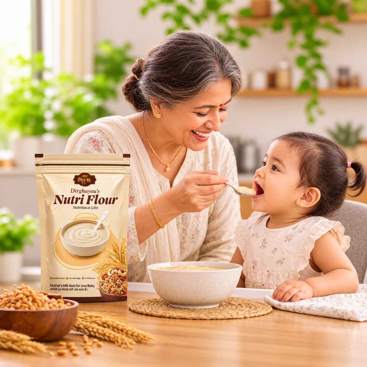 A grandmother spoon-feeding warm lito to a smiling little girl at the kitchen table
